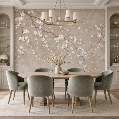 Cherry Blossom Branches Wallpaper Beige Watercolor Wall Mural