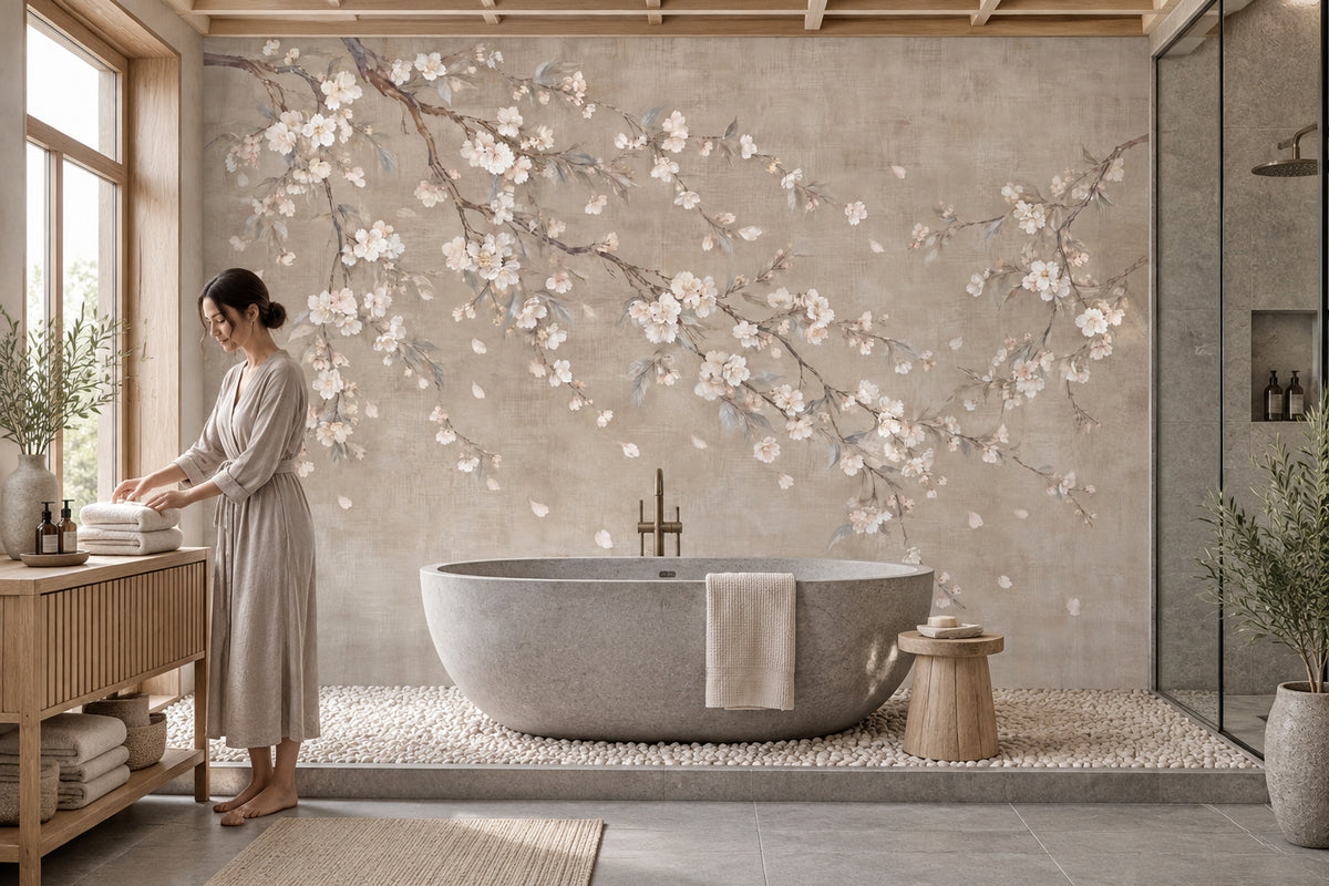 Cherry Blossom Branches Wallpaper Beige Watercolor Wall Mural
