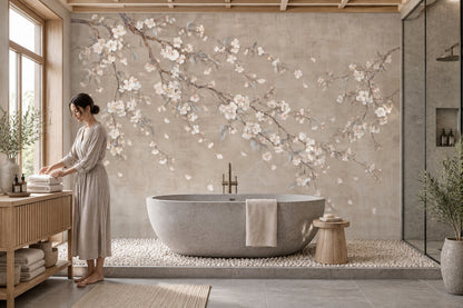 Cherry Blossom Branches Wallpaper Beige Watercolor Wall Mural