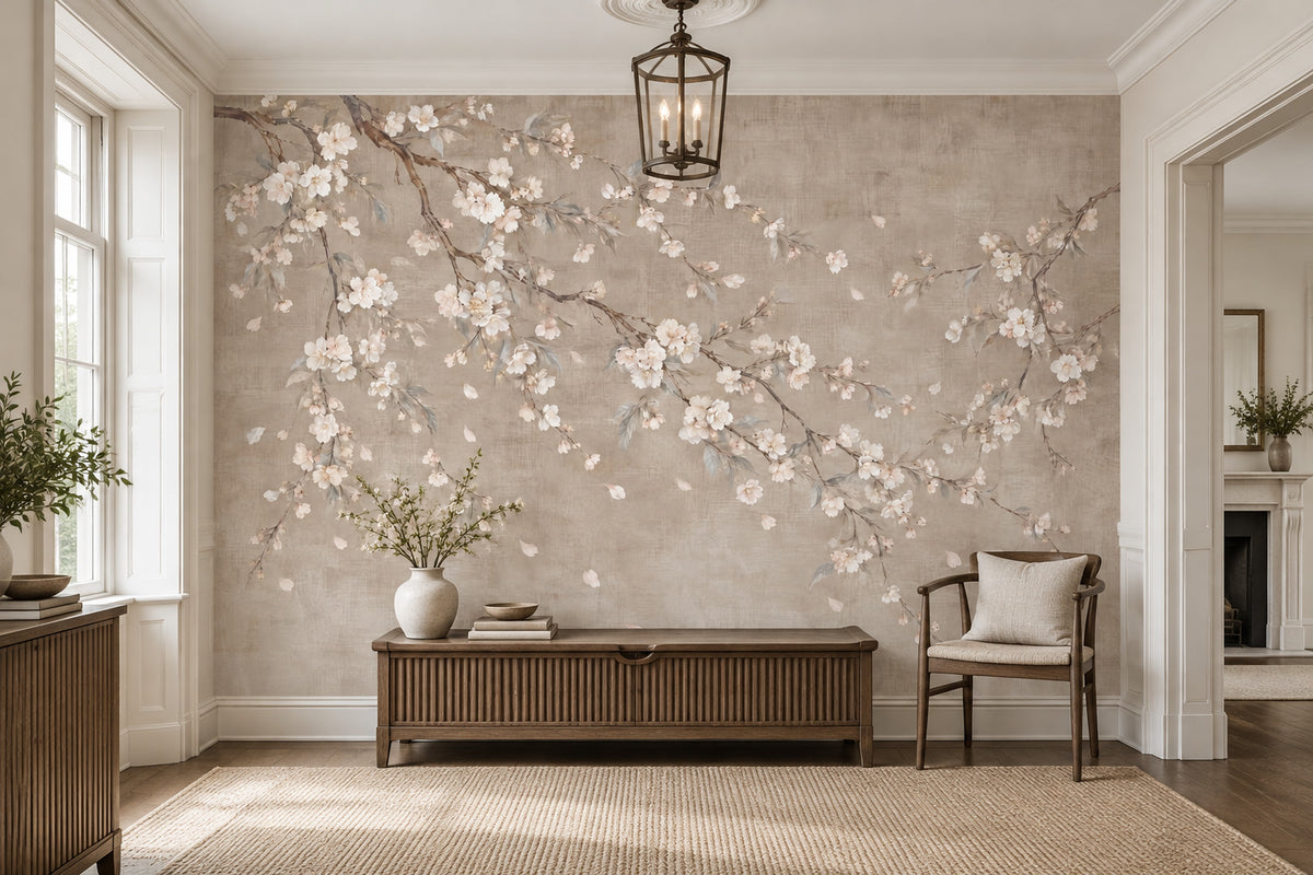 Cherry Blossom Branches Wallpaper Beige Watercolor Wall Mural
