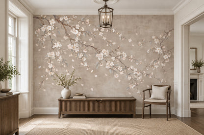 Cherry Blossom Branches Wallpaper Beige Watercolor Wall Mural