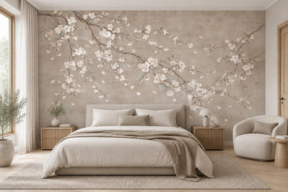 Cherry Blossom Branches Wallpaper Beige Watercolor Wall Mural