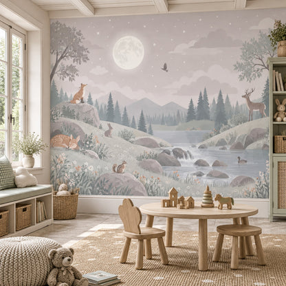 Moonlit Woodland Animals Wallpaper Soft Pastel Nursery Wall Mural