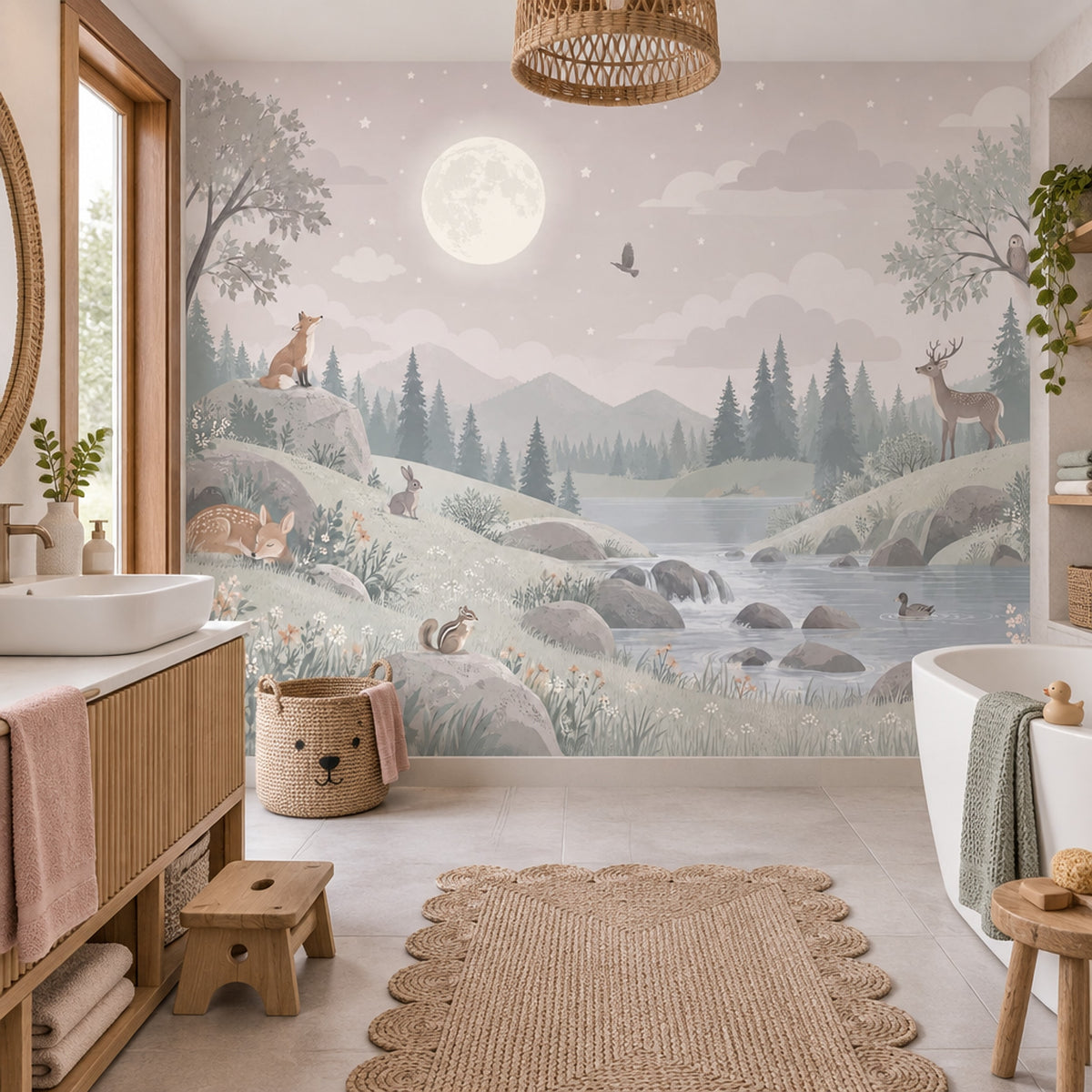 Moonlit Woodland Animals Wallpaper Soft Pastel Nursery Wall Mural