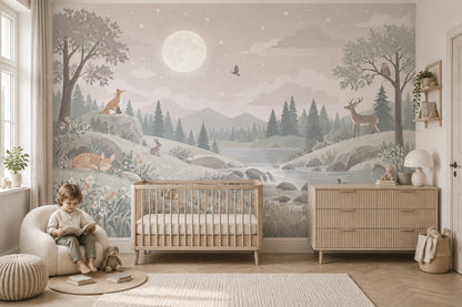 Moonlit Woodland Animals Wallpaper Soft Pastel Nursery Wall Mural