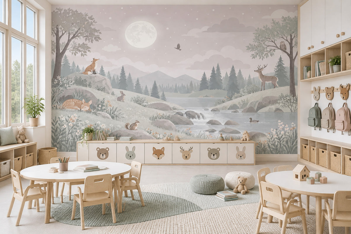 Moonlit Woodland Animals Wallpaper Soft Pastel Nursery Wall Mural