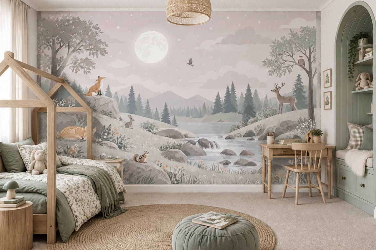 Moonlit Woodland Animals Wallpaper Soft Pastel Nursery Wall Mural