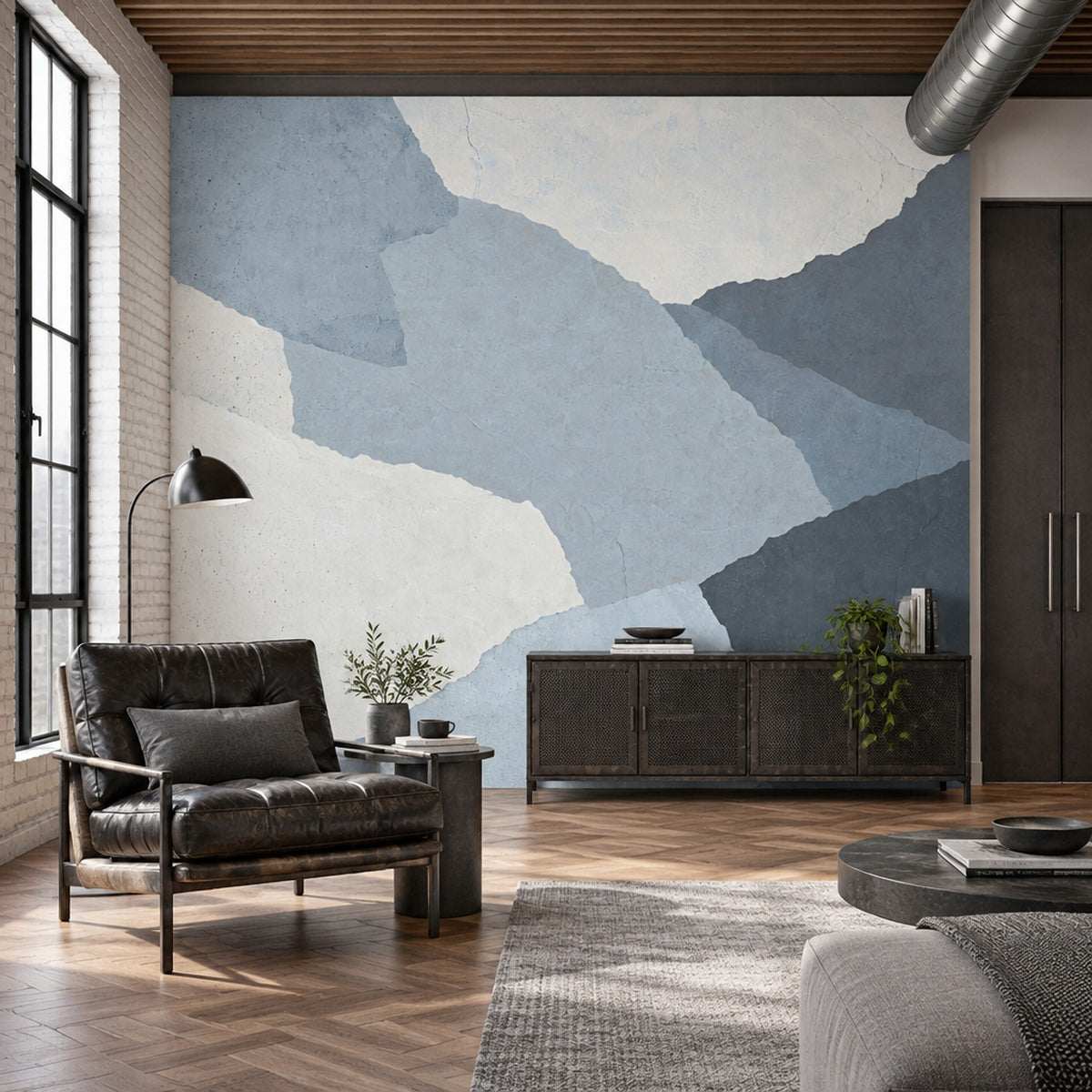 Layered Blue Gray Abstract Landscape Wallpaper Textured Plaster Wall Mural