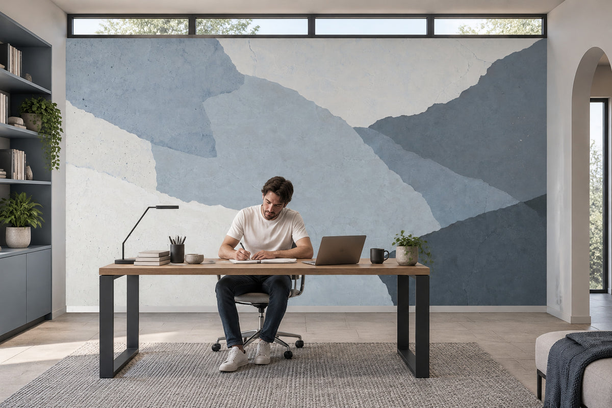 Layered Blue Gray Abstract Landscape Wallpaper Textured Plaster Wall Mural