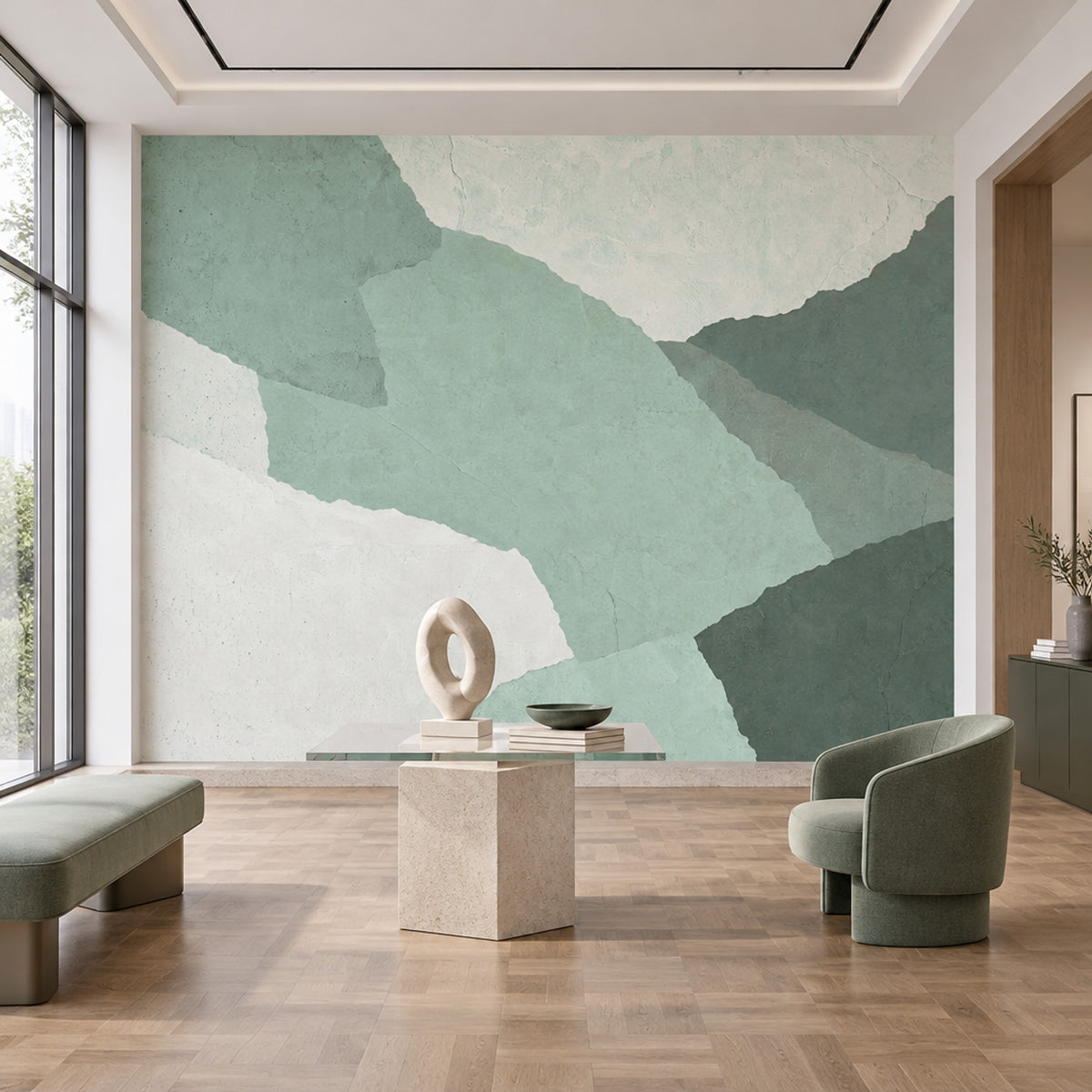 Layered Abstract Landscape Wallpaper Sage Green Textured Wall Mural