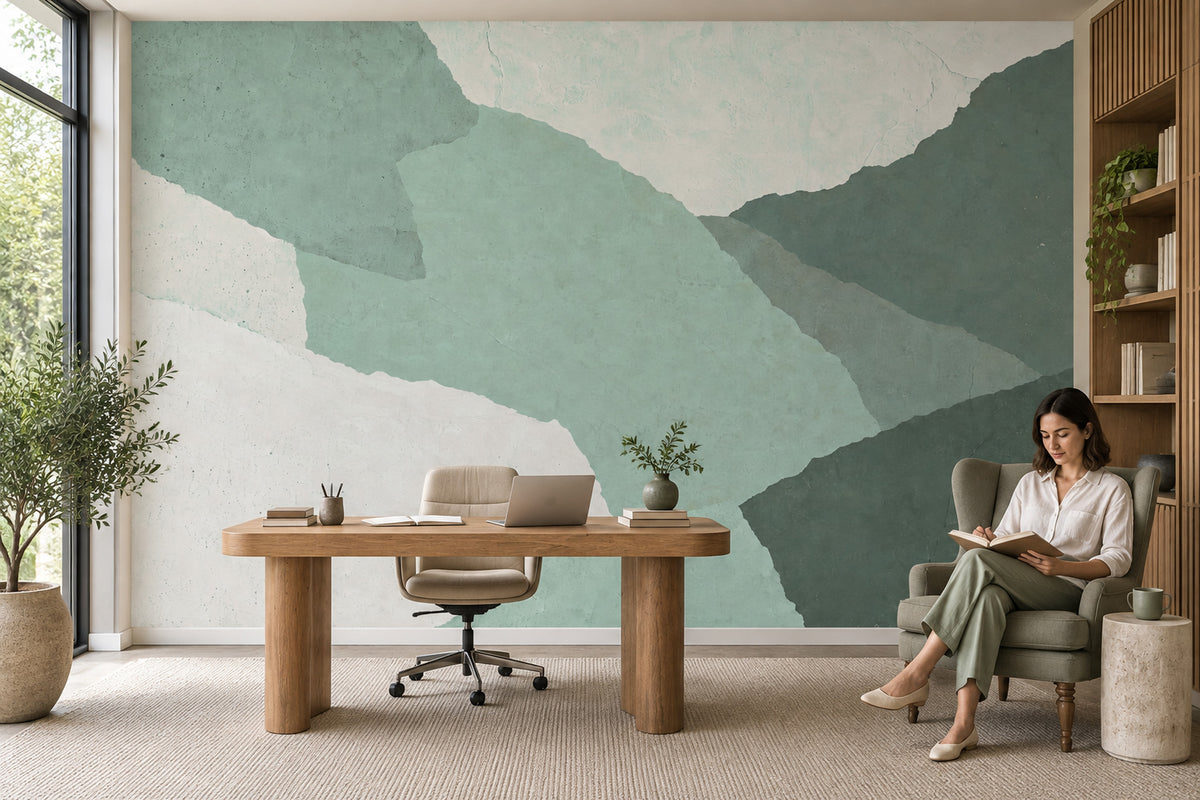 Layered Abstract Landscape Wallpaper Sage Green Textured Wall Mural