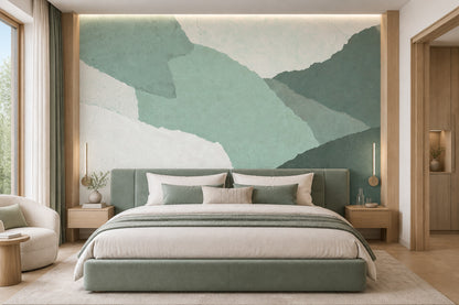 Layered Abstract Landscape Wallpaper Sage Green Textured Wall Mural