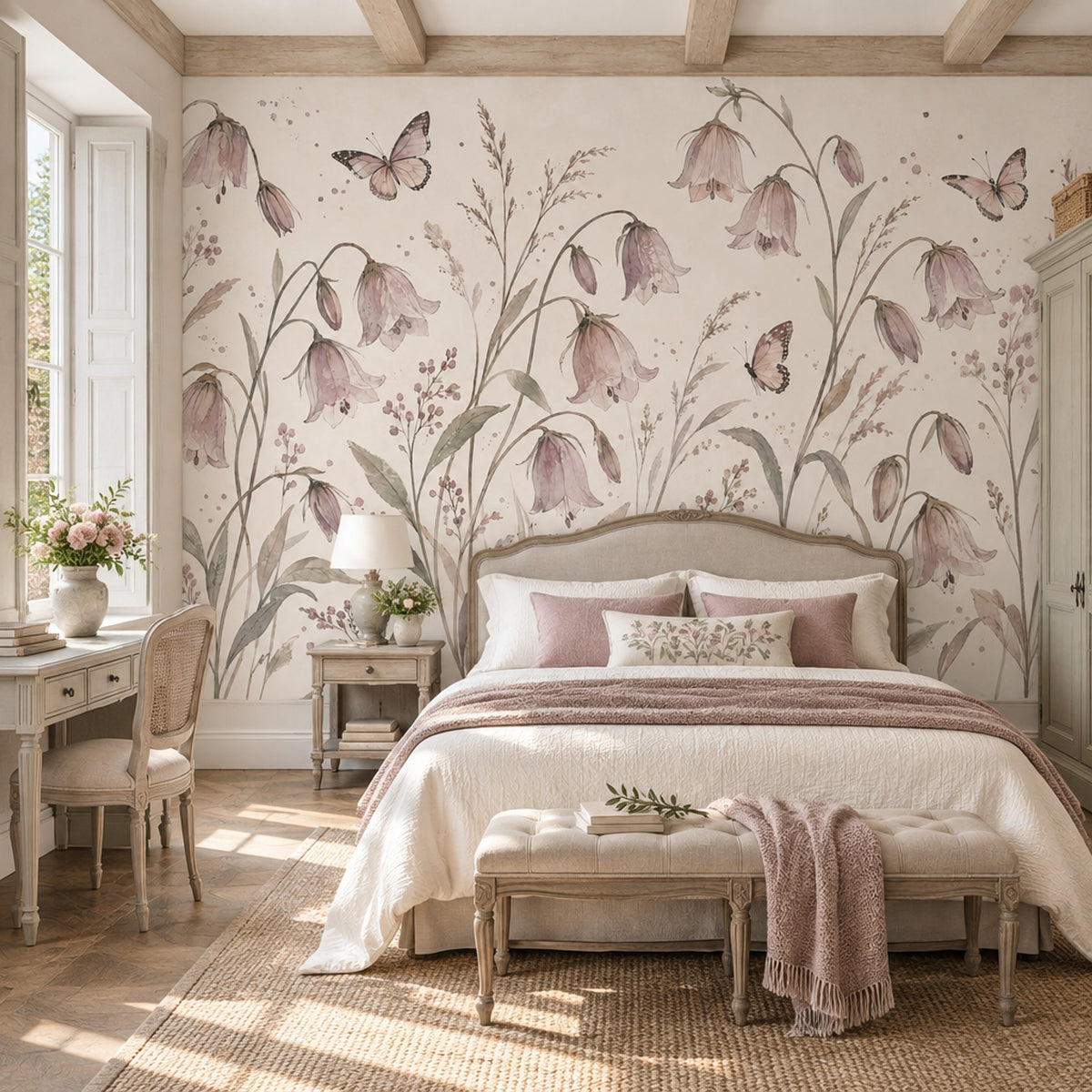 Pink Bellflowers Wallpaper Watercolor Botanical Wall Mural