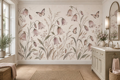Pink Bellflowers Wallpaper Watercolor Botanical Wall Mural