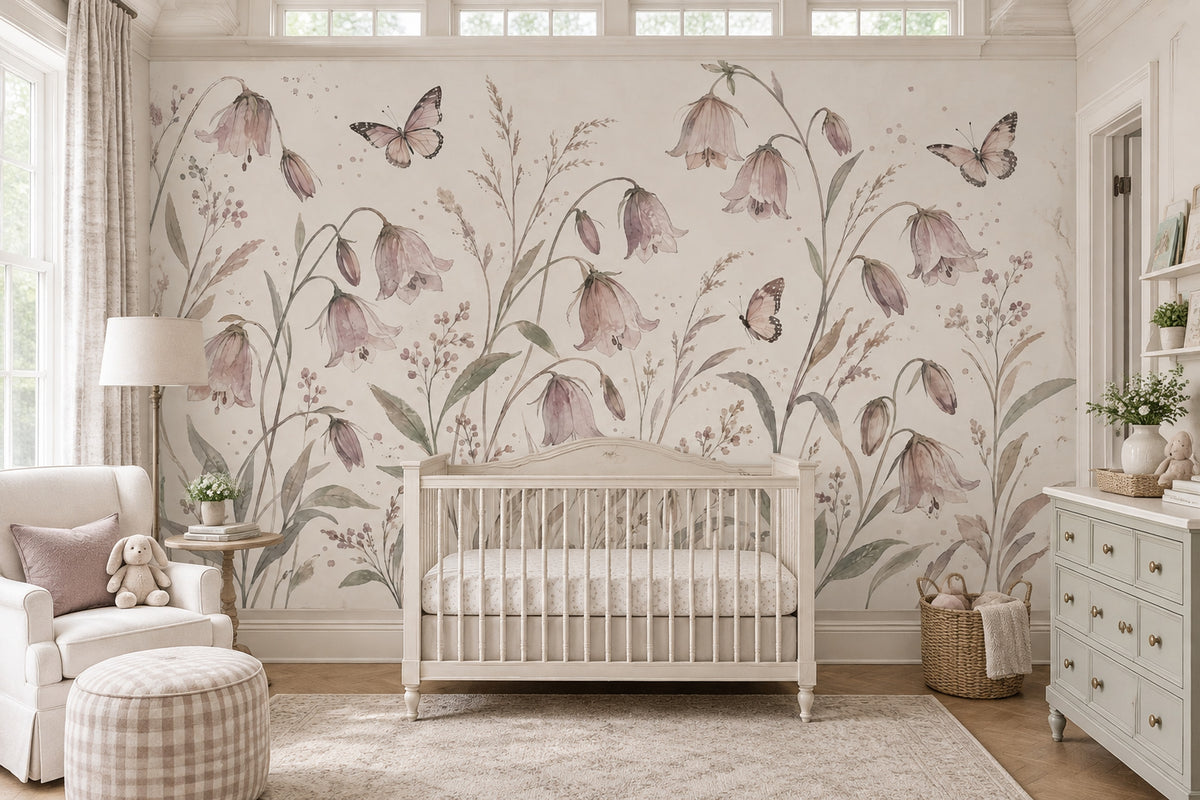 Pink Bellflowers Wallpaper Watercolor Botanical Wall Mural