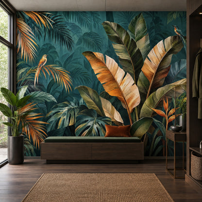 Exotic Birds And Tropical Leaves Wallpaper Teal Rainforest Wall Mural