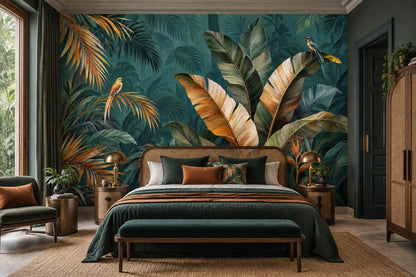 Exotic Birds And Tropical Leaves Wallpaper Teal Rainforest Wall Mural