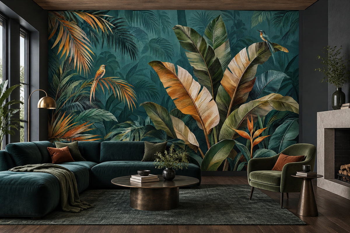 Exotic Birds And Tropical Leaves Wallpaper Teal Rainforest Wall Mural