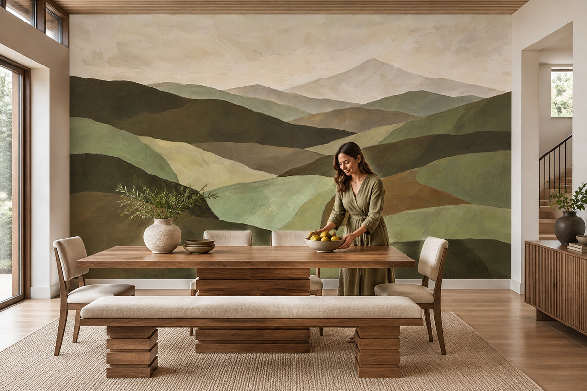 Layered Green Mountains Wallpaper Muted Landscape Wall Mural