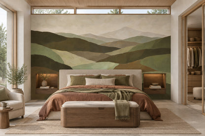 Layered Green Mountains Wallpaper Muted Landscape Wall Mural