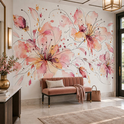 Watercolor Floral Blooms Wallpaper White Background Wall Mural
