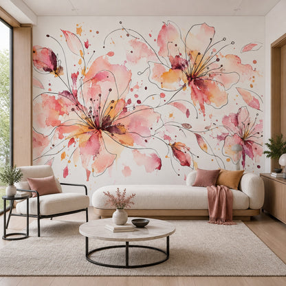 Watercolor Floral Blooms Wallpaper White Background Wall Mural