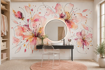 Watercolor Floral Blooms Wallpaper White Background Wall Mural