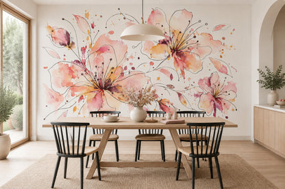 Watercolor Floral Blooms Wallpaper White Background Wall Mural
