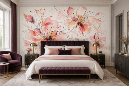 Watercolor Floral Blooms Wallpaper White Background Wall Mural