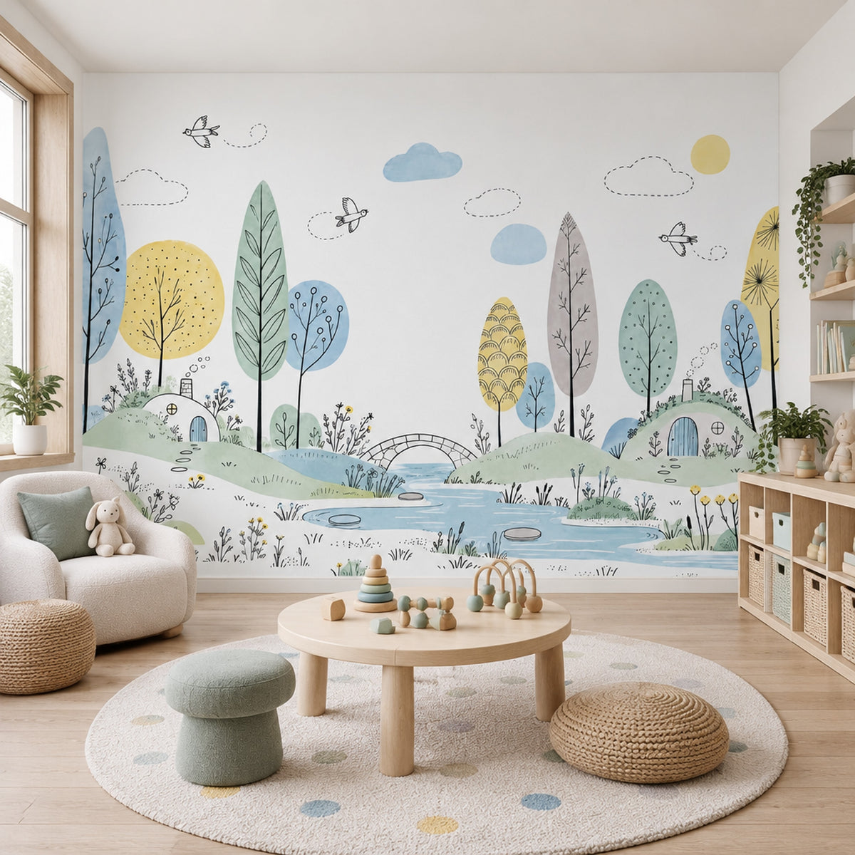 Whimsical Hillside Village Wallpaper Watercolor Landscape Wall Mural