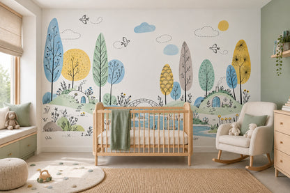Whimsical Hillside Village Wallpaper Watercolor Landscape Wall Mural