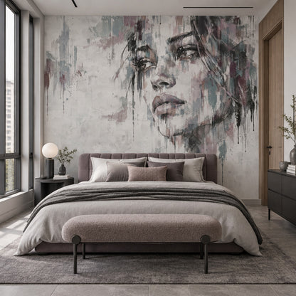 Abstract Female Face Wallpaper Gray Paint Drips Wall Mural