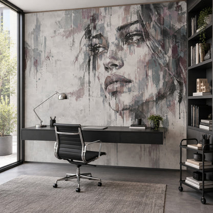 Abstract Female Face Wallpaper Gray Paint Drips Wall Mural