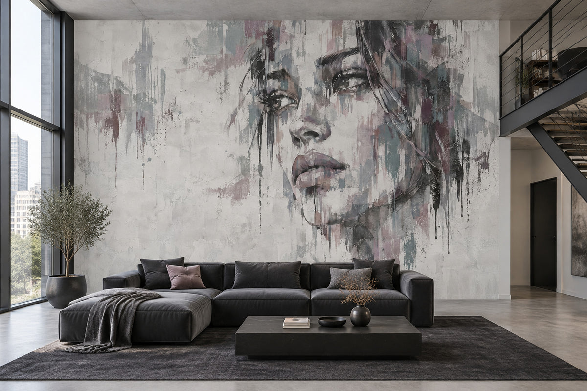 Abstract Female Face Wallpaper Gray Paint Drips Wall Mural