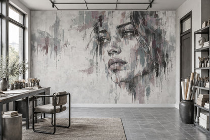 Abstract Female Face Wallpaper Gray Paint Drips Wall Mural