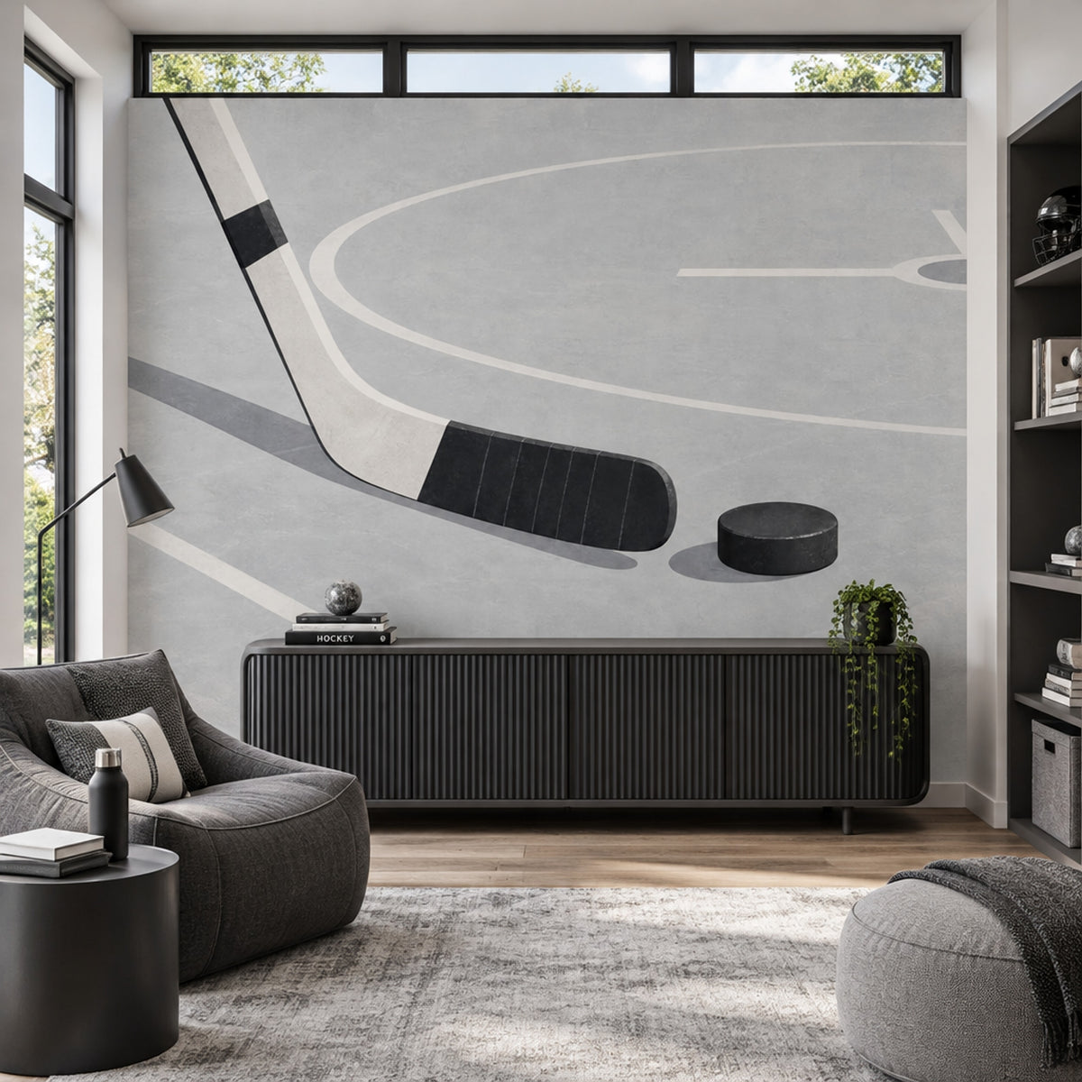 Hockey Stick And Puck Wallpaper Gray Rink Lines Wall Mural