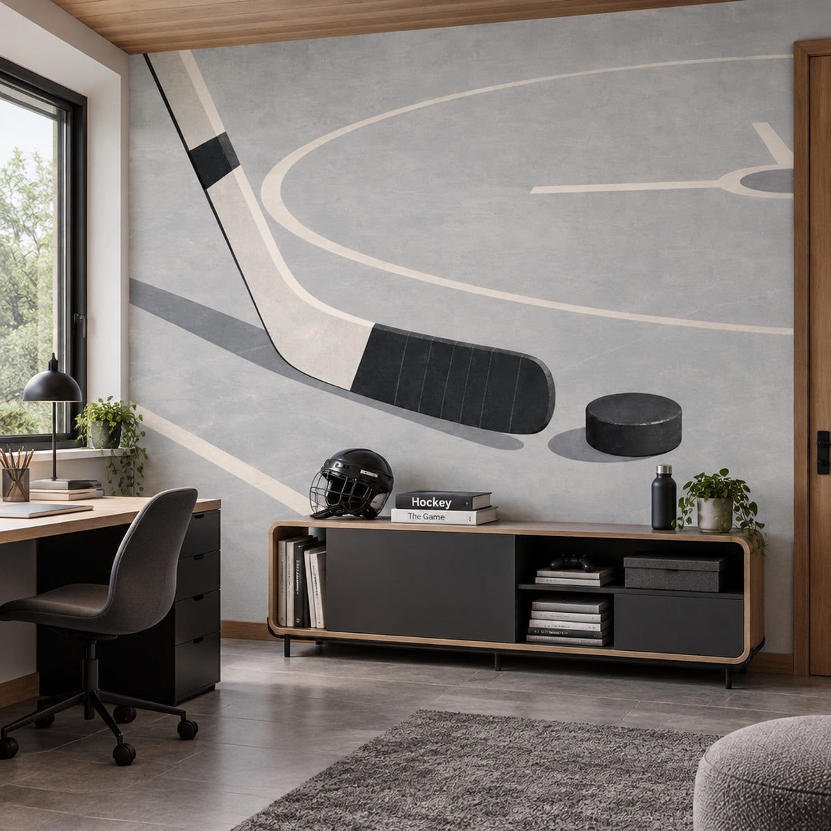 Hockey Stick And Puck Wallpaper Gray Rink Lines Wall Mural