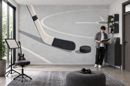 Hockey Stick And Puck Wallpaper Gray Rink Lines Wall Mural