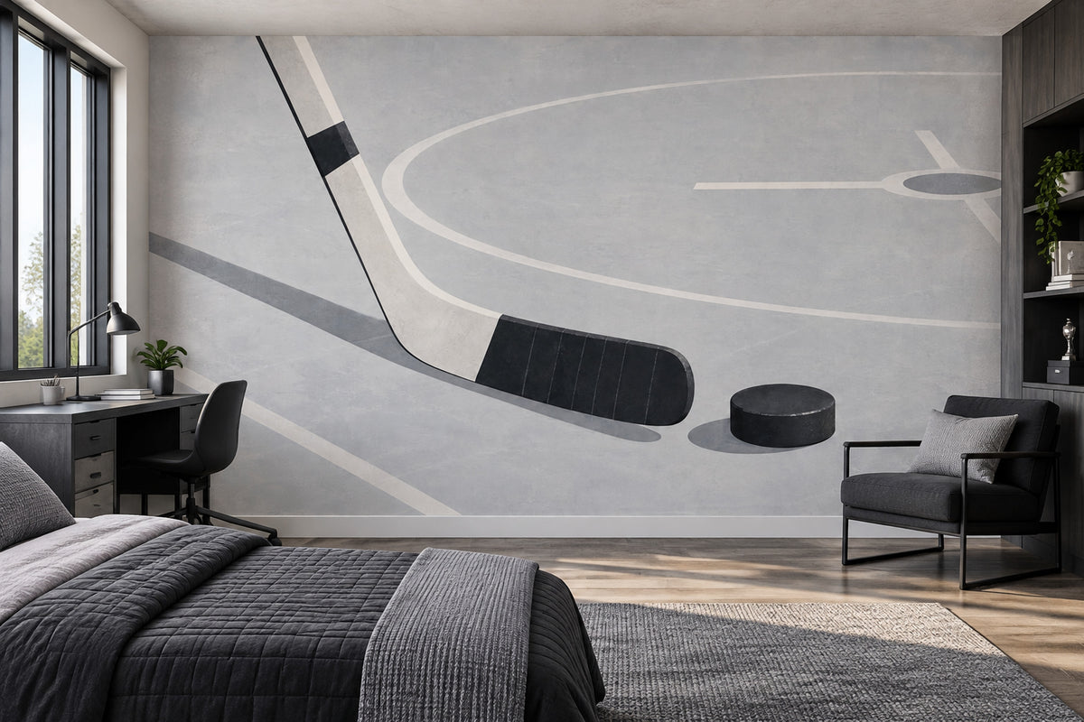 Hockey Stick And Puck Wallpaper Gray Rink Lines Wall Mural