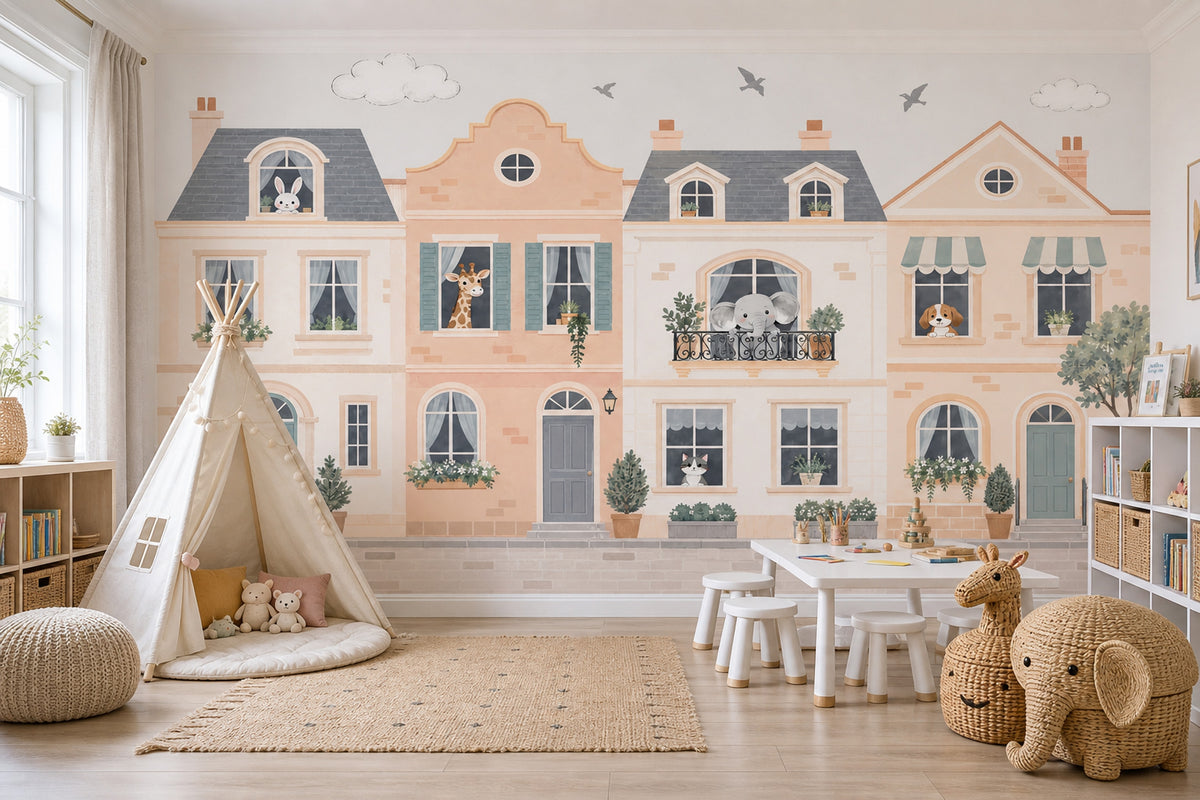 Pastel Townhouse Animals Wallpaper Storybook Street Wall Mural