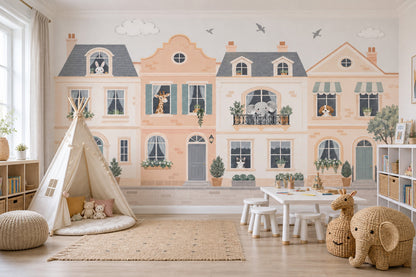 Pastel Townhouse Animals Wallpaper Storybook Street Wall Mural
