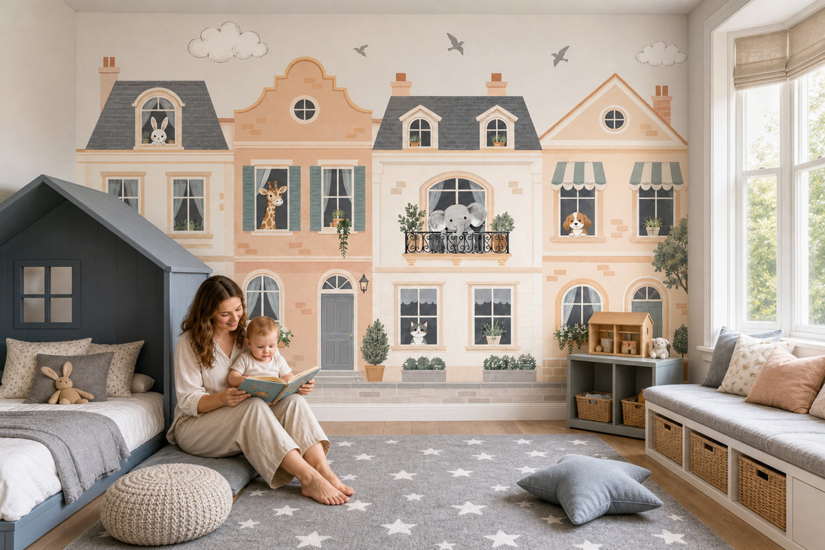 Pastel Townhouse Animals Wallpaper Storybook Street Wall Mural
