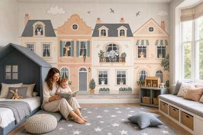 Pastel Townhouse Animals Wallpaper Storybook Street Wall Mural