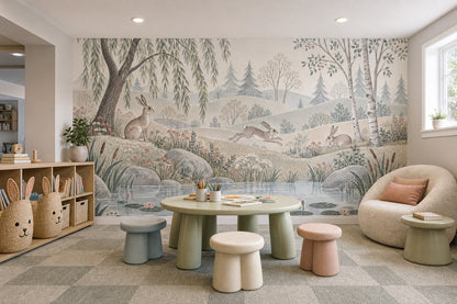 Watercolor Rabbits Pond Wallpaper Woodland Landscape Wall Mural