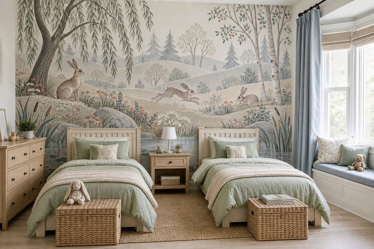 Watercolor Rabbits Pond Wallpaper Woodland Landscape Wall Mural