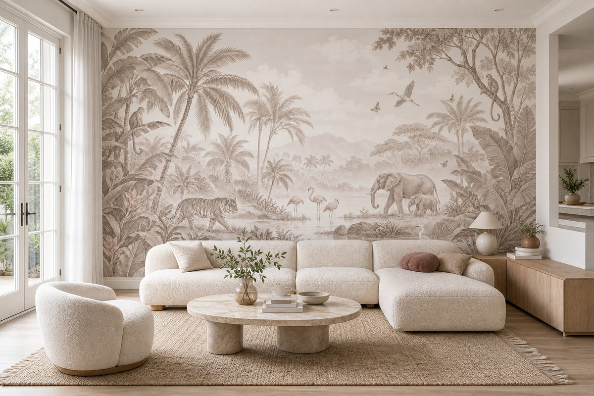 Safari Animals Wallpaper Beige Tropical Jungle Wall Mural