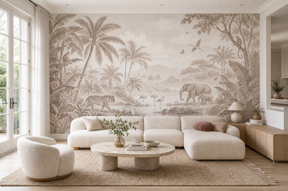 Safari Animals Wallpaper Beige Tropical Jungle Wall Mural