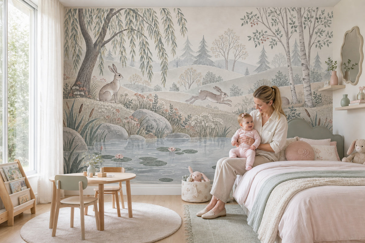 Watercolor Rabbits Pond Wallpaper Woodland Landscape Wall Mural