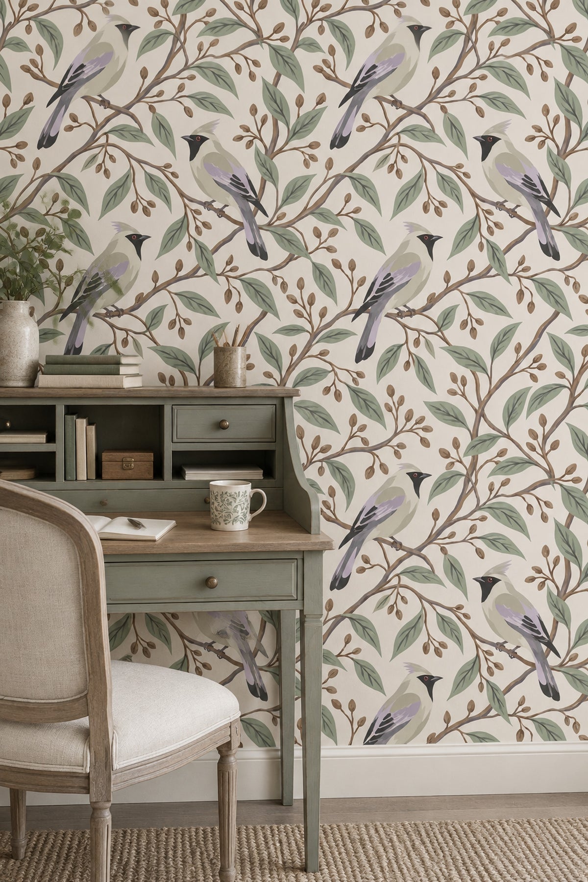 Perched Birds Wallpaper Sage Branches On Ivory Background
