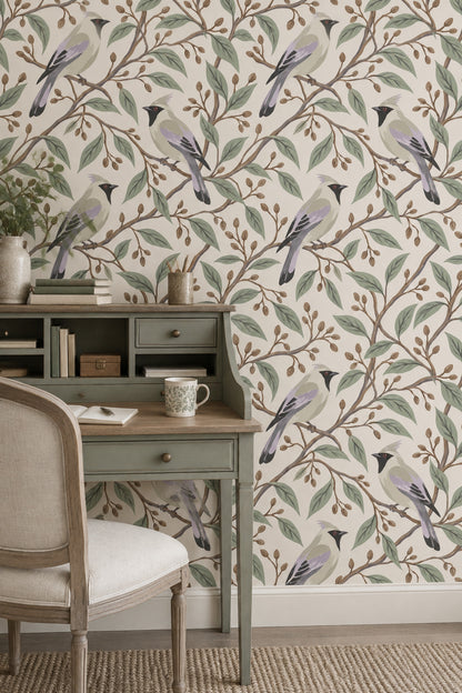 Perched Birds Wallpaper Sage Branches On Ivory Background